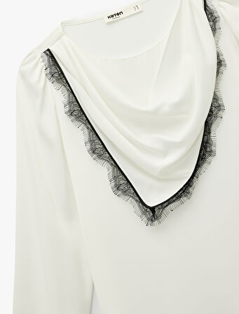 Dantel Detaylı Uzun Kollu Şal Yaka Bluz