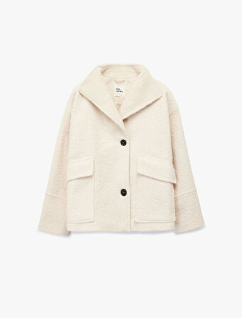 Uzun Kollu Kruvaze Yaka Düğmeli Cepli Buklet Kaban