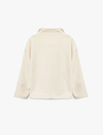 Uzun Kollu Kruvaze Yaka Düğmeli Cepli Buklet Kaban