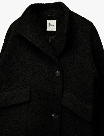 Uzun Kollu Kruvaze Yaka Düğmeli Cepli Buklet Kaban