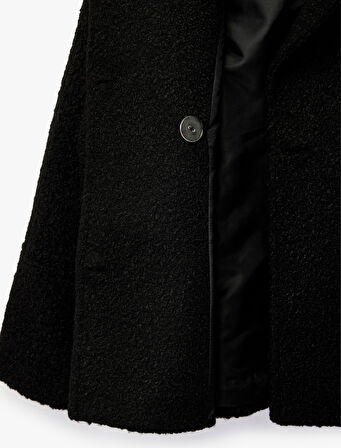 Uzun Kollu Kruvaze Yaka Düğmeli Cepli Buklet Kaban