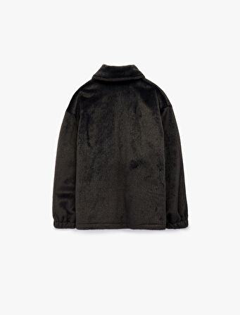 Fermuarlı Dik Yaka Uzun Kollu Suni Kürk Oversize Ceket