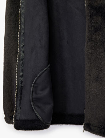 Fermuarlı Dik Yaka Uzun Kollu Suni Kürk Oversize Ceket