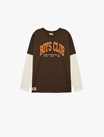 Uzun Kollu Bisiklet Yaka Baskılı Pamuklu Tişört