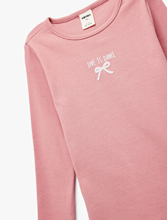 Pamuklu Kaşkorse Bisiklet Yaka Fiyonk İşlemeli Uzun Kollu Tişört