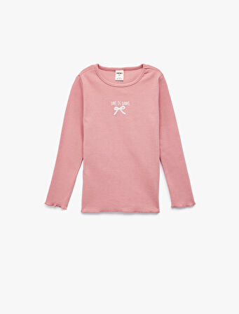 Pamuklu Kaşkorse Bisiklet Yaka Fiyonk İşlemeli Uzun Kollu Tişört