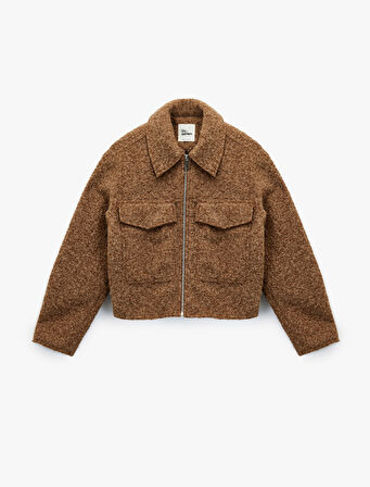 Fermuarlı Cepli Uzun Kollu Kısa Peluş Ceket