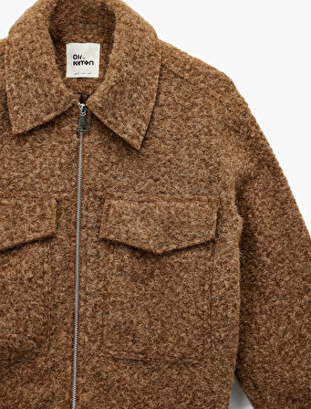 Fermuarlı Cepli Uzun Kollu Kısa Peluş Ceket