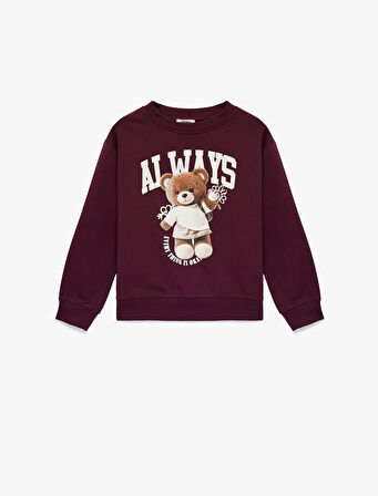 Pamuklu Uzun Kollu Bisiklet Yaka Ayıcık Baskılı Şardonlu Sweatshirt