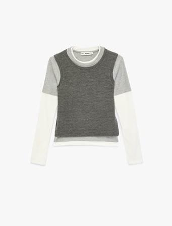 Slim Fit Uzun Kollu Renk Bloklu Bisiklet Yaka Tişört