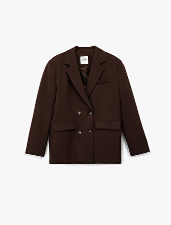 Uzun Kollu Cepli Düğmeli Kruvaze Blazer Ceket