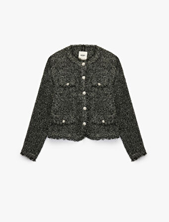 Cep Detaylı Düğmeli Uzun Kollu Bisiklet Yaka Tüvit Ceket