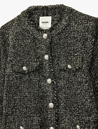 Cep Detaylı Düğmeli Uzun Kollu Bisiklet Yaka Tüvit Ceket