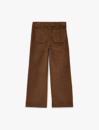 Aplike Cep Detaylı Geniş Paça Fitilli Kadife Pantolon