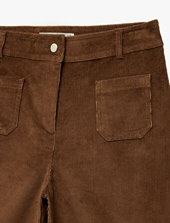 Aplike Cep Detaylı Geniş Paça Fitilli Kadife Pantolon