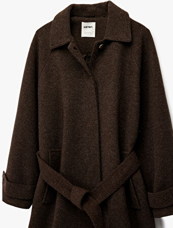 Kemerli Uzun Kaşe Kaban Düğmeli Uzun Kollu Cepli 