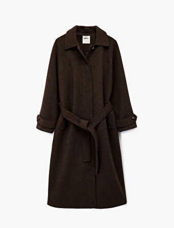 Kemerli Uzun Kaşe Kaban Düğmeli Uzun Kollu Cepli 