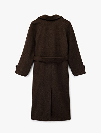 Kemerli Uzun Kaşe Kaban Düğmeli Uzun Kollu Cepli 