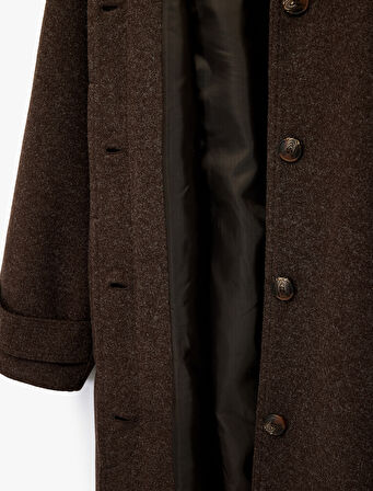 Kemerli Uzun Kaşe Kaban Düğmeli Uzun Kollu Cepli 