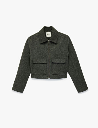 Uzun Kollu Fermuarlı Cepli Crop Kaşe Ceket