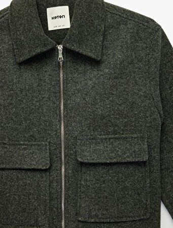 Uzun Kollu Fermuarlı Cepli Crop Kaşe Ceket