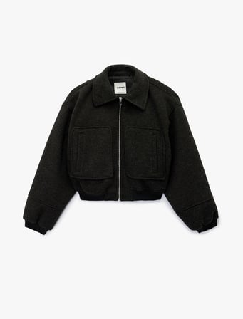 Uzun Kollu Fermuarlı Cepli Crop Kaşe Bomber Ceket