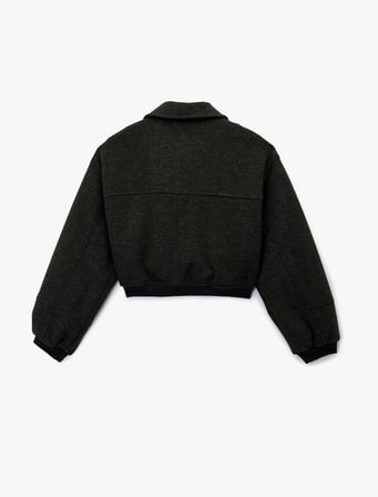 Uzun Kollu Fermuarlı Cepli Crop Kaşe Bomber Ceket