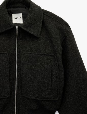 Uzun Kollu Fermuarlı Cepli Crop Kaşe Bomber Ceket