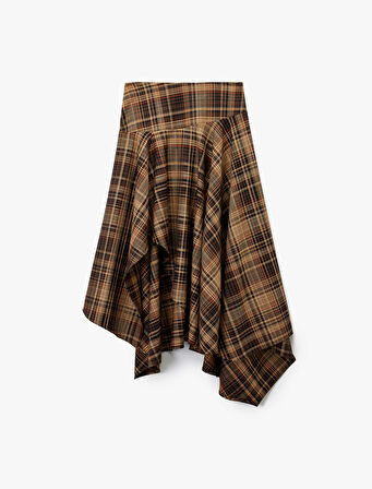 Asimetrik Kesim Kloş Midi Ekose Etek