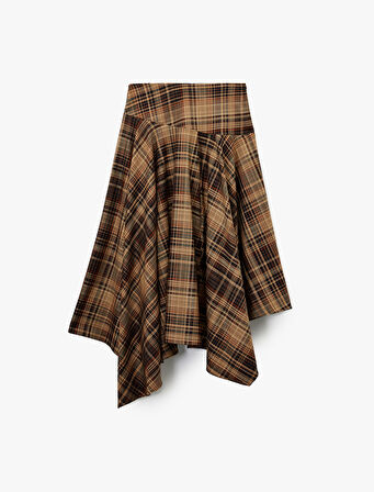 Asimetrik Kesim Kloş Midi Ekose Etek