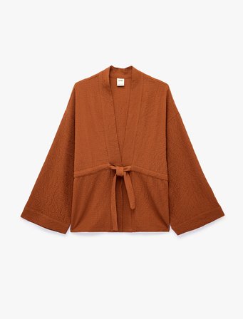 Beli Bağcıklı Uzun Kollu Kruvaze Kimono Ceket