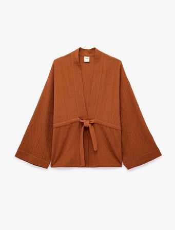 Beli Bağcıklı Uzun Kollu Kruvaze Kimono Ceket