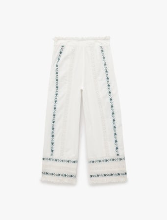 Pamuklu Etnik Motif Detaylı Nakışlı Dantelli Düz Bol Paça Pantolon