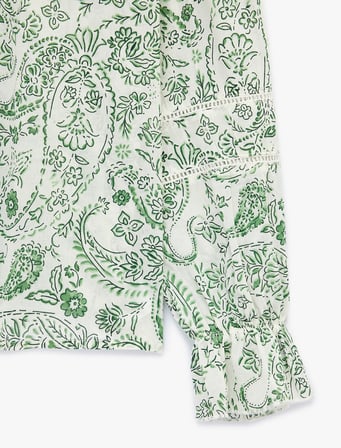 Pamuklu Dantel Detaylı Yuvarlak Yaka Uzun Kollu Floral Desenli Gömlek
