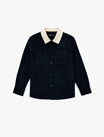 Regular Fit Uzun Kollu Cepli Renk Kontrastlı Klasik Yaka Fitilli Kadife Gömlek Ceket