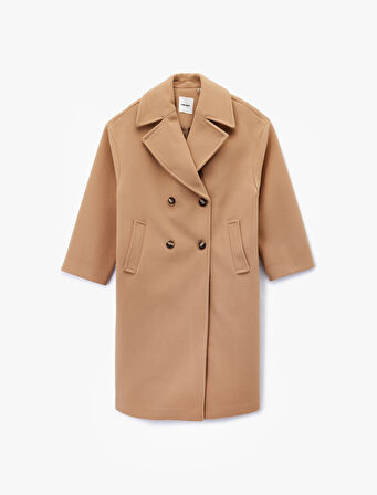 Cepli Uzun Kollu Düğmeli Kruvaze Uzun Kaşe Kaban