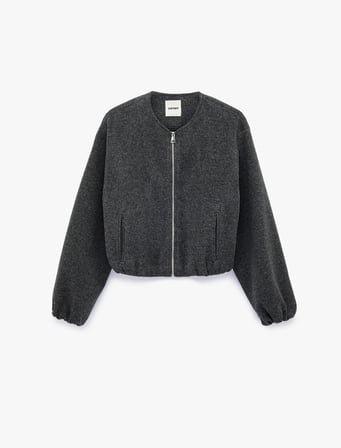 Kaşe Bomber Ceket Crop Bisiklet Yaka Fermuarlı Cepli Uzun Kollu