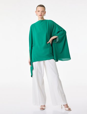 Dik Yaka 3/4 Yarasa Kol Oversize Saten Abiye Bluz