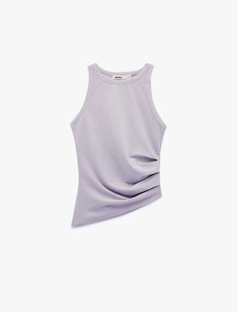 Slim Fit Asimetrik Kesim Drapeli Metalik İplik Detaylı Simli Fitilli Bluz