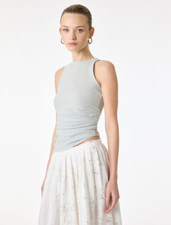Slim Fit Asimetrik Kesim Drapeli Metalik İplik Detaylı Simli Fitilli Bluz