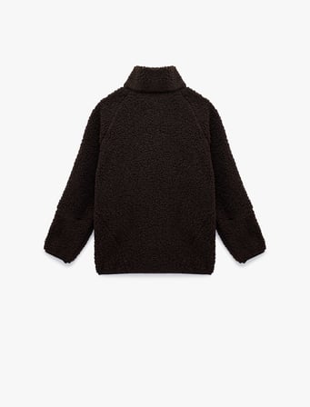 Uzun Kollu Dik Yaka Cep Detaylı Fermuarlı Oversize Peluş Ceket