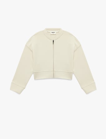 Bisiklet Yaka Viskon Karışımlı Uzun Kollu Fermuarlı Crop Bomber Ceket