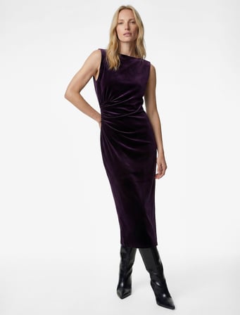 Dik Yaka Slim Fit Kolsuz Drapeli Yırtmaç Detaylı Uzun Bodycon Kadife Elbise