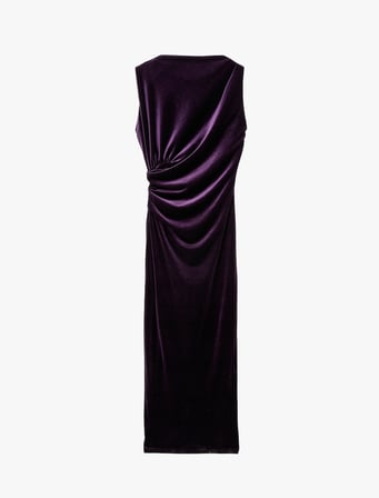 Dik Yaka Slim Fit Kolsuz Drapeli Yırtmaç Detaylı Uzun Bodycon Kadife Elbise