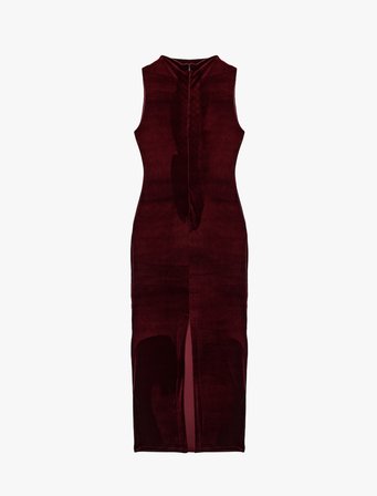 Dik Yaka Slim Fit Kolsuz Drapeli Yırtmaç Detaylı Uzun Bodycon Kadife Elbise