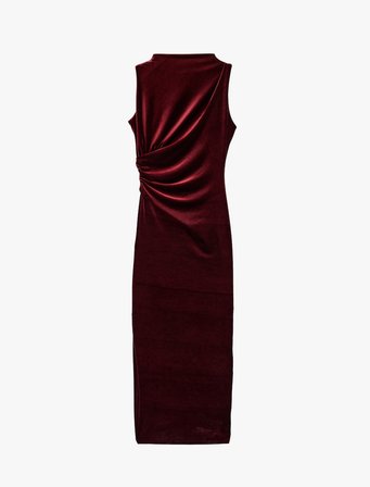 Dik Yaka Slim Fit Kolsuz Drapeli Yırtmaç Detaylı Uzun Bodycon Kadife Elbise
