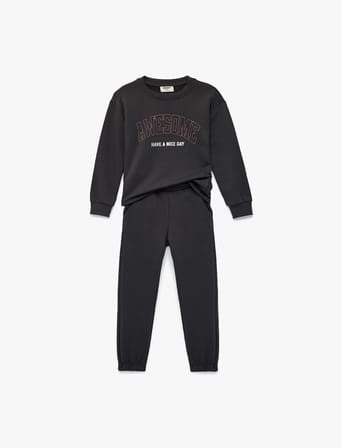 Üç İplik Baskılı Uzun Kollu Bisiklet Yaka Sweatshirt Eşofman Takımı - 2'li Set