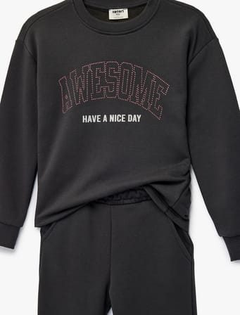 Üç İplik Baskılı Uzun Kollu Bisiklet Yaka Sweatshirt Eşofman Takımı - 2'li Set