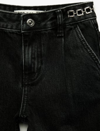 Pamuklu Aksesuar Detaylı Cepli Geniş Paça Denim Pantolon - Wide Leg Jeans