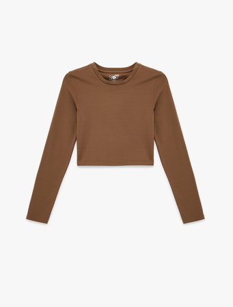 İnterlok Uzun Kollu Bisiklet Yaka Slim Fit Spor Crop Tişört